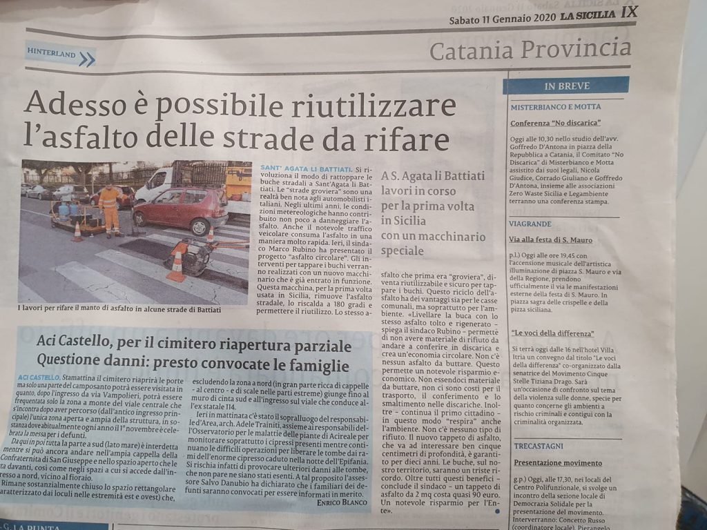 Articolo La Sicilia del Comune di Sant'Agata Li Battiati